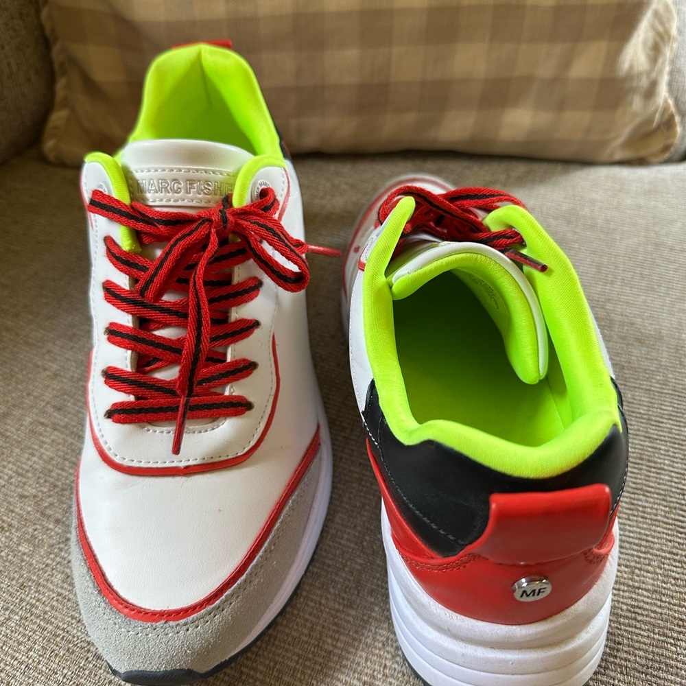 Marc Fisher White and Red wedge Sneakers with Neon Accents
